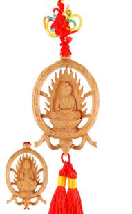 Wooden Carved Deity Charm, Amitabha and Kuan Yin